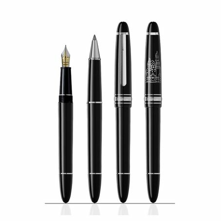 Montblanc Meisterstück Tribute to the Neuschwanstein Castle (127134) е специален подаръчен комплект, включващ писалка с перо F – Fine и ролер от емблематичната серия Meisterstück Classique. Двата пишещи инструмента са изработени от черна благородна смола с платинено покрити детайли и изящна гравюра на приказния замък Нойшванщайн върху капачките. Писалката е оборудвана с ръчно изработено 14K златно перо, украсено с баварския герб, а ролерът предлага плавно и практично писане с оригинални пълнители Montblanc. Комплектът съчетава германско майсторство, архитектурно вдъхновение и непреходната елегантност на Meisterstück, превръщайки се в престижен подарък и ценно колекционерско попълнение.