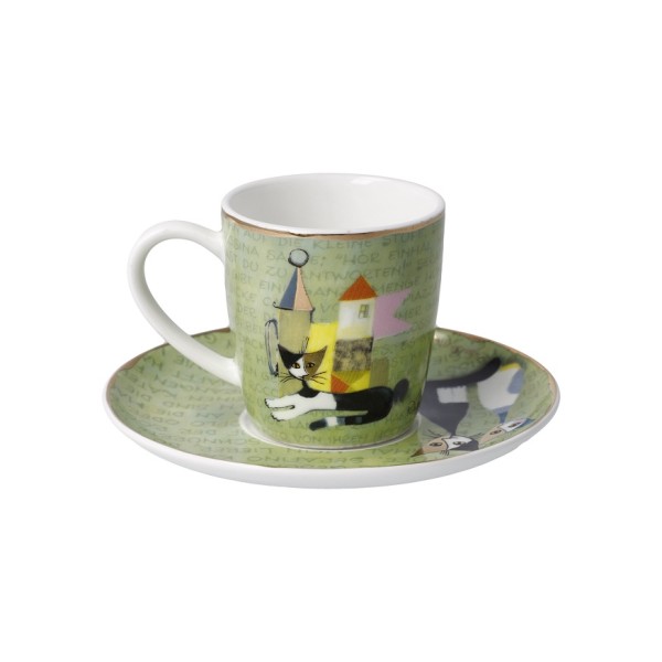 Goebel „La Storia di Serafino“ е изящна чаша за еспресо с чинийка от Fine Bone China, посветена на Serafino – любимата котка на Rosina Wachtmeister. Художественият декор и фините акценти от истинско злато превръщат 100-милилитровия комплект в малко произведение на изкуството – прекрасен избор за любители на кафе, котки и колекционерски Goebel.