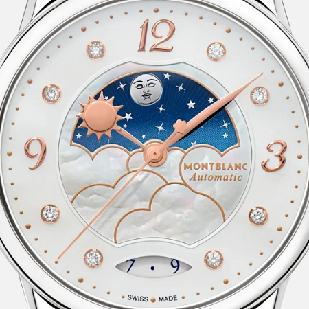 Изискан дамски автоматичен часовник Montblanc с 34 mm стоманен корпус, син седефен циферблат, диамантени индекси, романтична индикация ден/нощ и елегантна стоманена верижка.