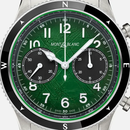 Луксозен швейцарски автоматичен хронограф Montblanc с 42 mm корпус от стомана без кислород, зелен Sfumato ледников циферблат, черни хронографски броячи, керамичен безел и стоманена верижка.