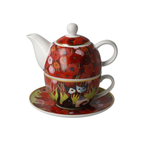 Goebel „Innamorati tra i papaveri“ от Rosina Wachtmeister е очарователен Tea for One комплект от чайник, чаша и чинийка, изработени от лек New Bone China. Романтичният мотив „Влюбени сред маковете“, ярките цветове и фината декорация с истинско злато превръщат комплекта в малко произведение на изкуството. Чайникът е с вместимост 350 мл, а чашата – 250 мл. Прекрасен подарък за любители на котки, чай и артистичния свят на Goebel.