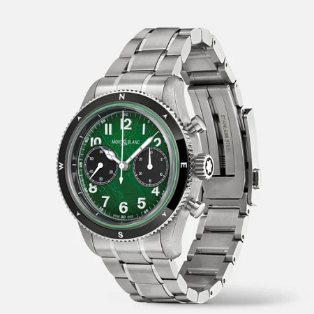 Луксозен швейцарски автоматичен хронограф Montblanc с 42 mm корпус от стомана без кислород, зелен Sfumato ледников циферблат, черни хронографски броячи, керамичен безел и стоманена верижка.
