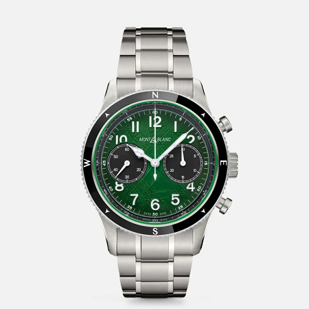 Луксозен швейцарски автоматичен хронограф Montblanc с 42 mm корпус от стомана без кислород, зелен Sfumato ледников циферблат, черни хронографски броячи, керамичен безел и стоманена верижка.