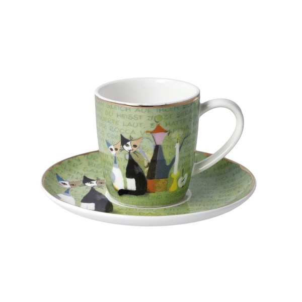 Goebel „La Storia di Serafino“ е изящна чаша за еспресо с чинийка от Fine Bone China, посветена на Serafino – любимата котка на Rosina Wachtmeister. Художественият декор и фините акценти от истинско злато превръщат 100-милилитровия комплект в малко произведение на изкуството – прекрасен избор за любители на кафе, котки и колекционерски Goebel.