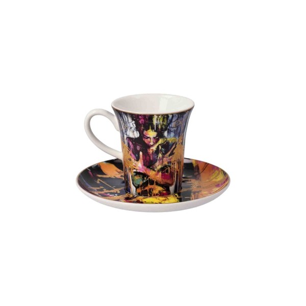 Goebel „Liberation“ е изящна чаша за еспресо с чинийка от Fine Bone China по дизайн на Lana Frey. Експресивният женски образ, ярките цветове и декорацията от истинско злато я превръщат в впечатляващ арт акцент за всеки кафе ритуал.
