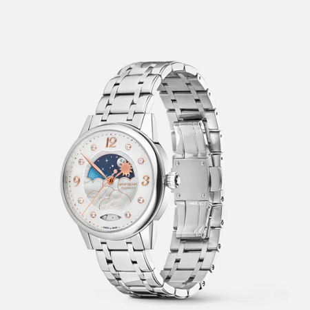 Изискан дамски автоматичен часовник Montblanc с 34 mm стоманен корпус, син седефен циферблат, диамантени индекси, романтична индикация ден/нощ и елегантна стоманена верижка.