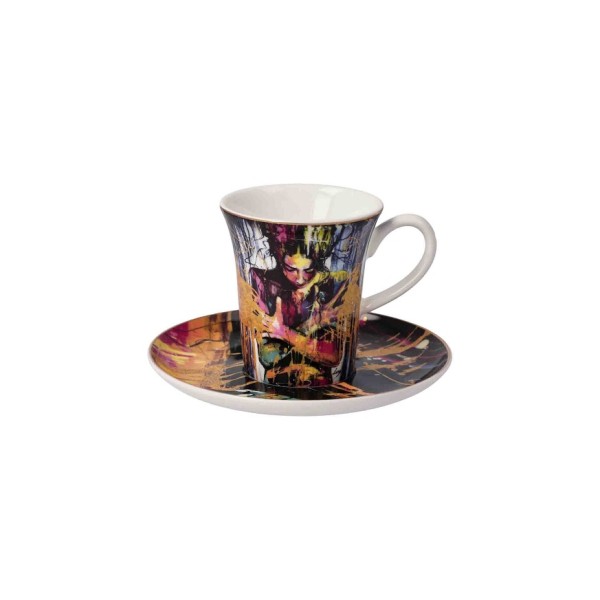 Goebel „Liberation“ е изящна чаша за еспресо с чинийка от Fine Bone China по дизайн на Lana Frey. Експресивният женски образ, ярките цветове и декорацията от истинско злато я превръщат в впечатляващ арт акцент за всеки кафе ритуал.
