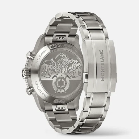 Луксозен швейцарски автоматичен хронограф Montblanc с 42 mm корпус от стомана без кислород, зелен Sfumato ледников циферблат, черни хронографски броячи, керамичен безел и стоманена верижка.