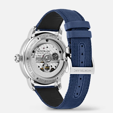 Изключителен швейцарски автоматичен монопушър хронограф Montblanc с 43 mm стоманен корпус, син циферблат Clous de Paris, два въртящи се хронографски диска, втори часови пояс, мануфактурен механизъм MB R200 и синя текстилна каишка.
