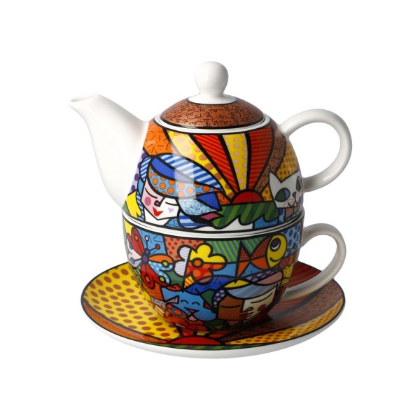 Goebel “Britto Garden” Romero Britto 66-452-71-1 е цветен комплект Tea for One от New Bone China, включващ чайник 350 мл, чаша 250 мл и чинийка. Трите части се подреждат една върху друга в компактна Pop Art композиция, превръщайки ежедневната чаена пауза в малък ритуал с неподражаемия стил на Romero Britto.