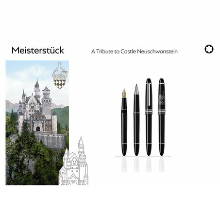 Montblanc Meisterstück Tribute to the Neuschwanstein Castle (127134) е специален подаръчен комплект, включващ писалка с перо F – Fine и ролер от емблематичната серия Meisterstück Classique. Двата пишещи инструмента са изработени от черна благородна смола с платинено покрити детайли и изящна гравюра на приказния замък Нойшванщайн върху капачките. Писалката е оборудвана с ръчно изработено 14K златно перо, украсено с баварския герб, а ролерът предлага плавно и практично писане с оригинални пълнители Montblanc. Комплектът съчетава германско майсторство, архитектурно вдъхновение и непреходната елегантност на Meisterstück, превръщайки се в престижен подарък и ценно колекционерско попълнение.