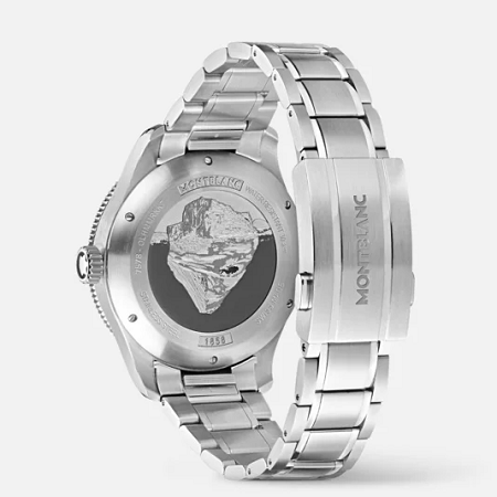 Професионален швейцарски дайвърски часовник Montblanc с 41 mm стоманен корпус, черен ледников циферблат, автоматичен механизъм MB 24.17, двуцветен керамичен безел и регулируема стоманена верижка.