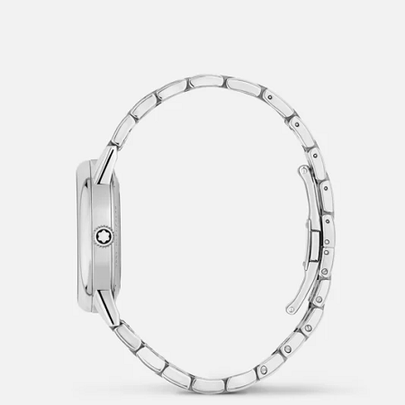 Изискан дамски автоматичен часовник Montblanc с 34 mm стоманен корпус, син седефен циферблат, диамантени индекси, романтична индикация ден/нощ и елегантна стоманена верижка.