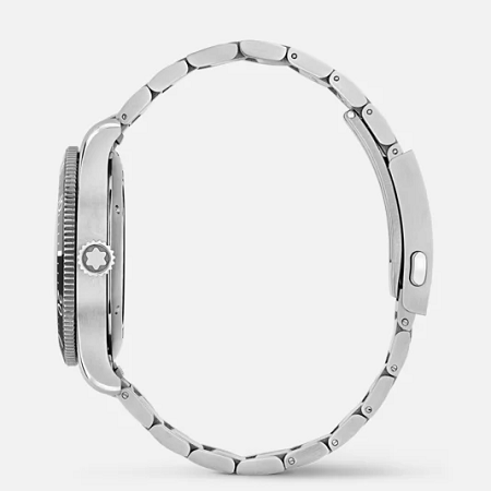 Професионален швейцарски дайвърски часовник Montblanc с 41 mm стоманен корпус, черен ледников циферблат, автоматичен механизъм MB 24.17, двуцветен керамичен безел и регулируема стоманена верижка.