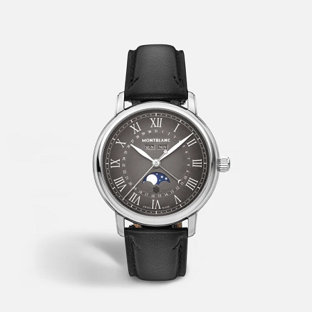 Елегантен автоматичен часовник Montblanc с 42 mm стоманен корпус, сребристо-бял циферблат Exploding Star, пълен календар и фаза на Луната