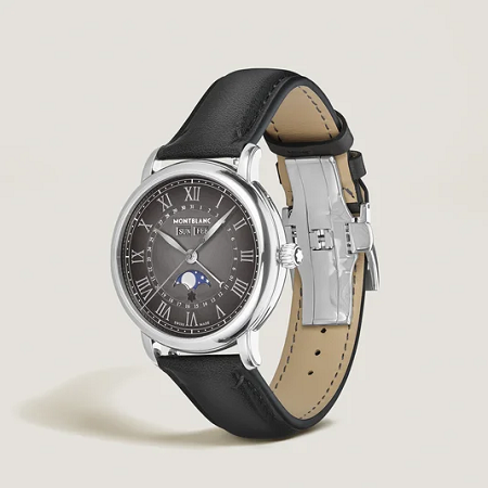 Елегантен автоматичен часовник Montblanc с 42 mm стоманен корпус, сребристо-бял циферблат Exploding Star, пълен календар и фаза на Луната