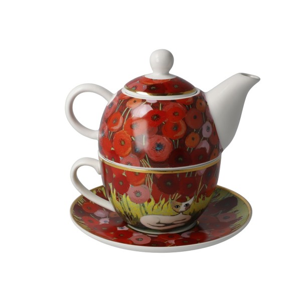 Goebel „Innamorati tra i papaveri“ от Rosina Wachtmeister е очарователен Tea for One комплект от чайник, чаша и чинийка, изработени от лек New Bone China. Романтичният мотив „Влюбени сред маковете“, ярките цветове и фината декорация с истинско злато превръщат комплекта в малко произведение на изкуството. Чайникът е с вместимост 350 мл, а чашата – 250 мл. Прекрасен подарък за любители на котки, чай и артистичния свят на Goebel.